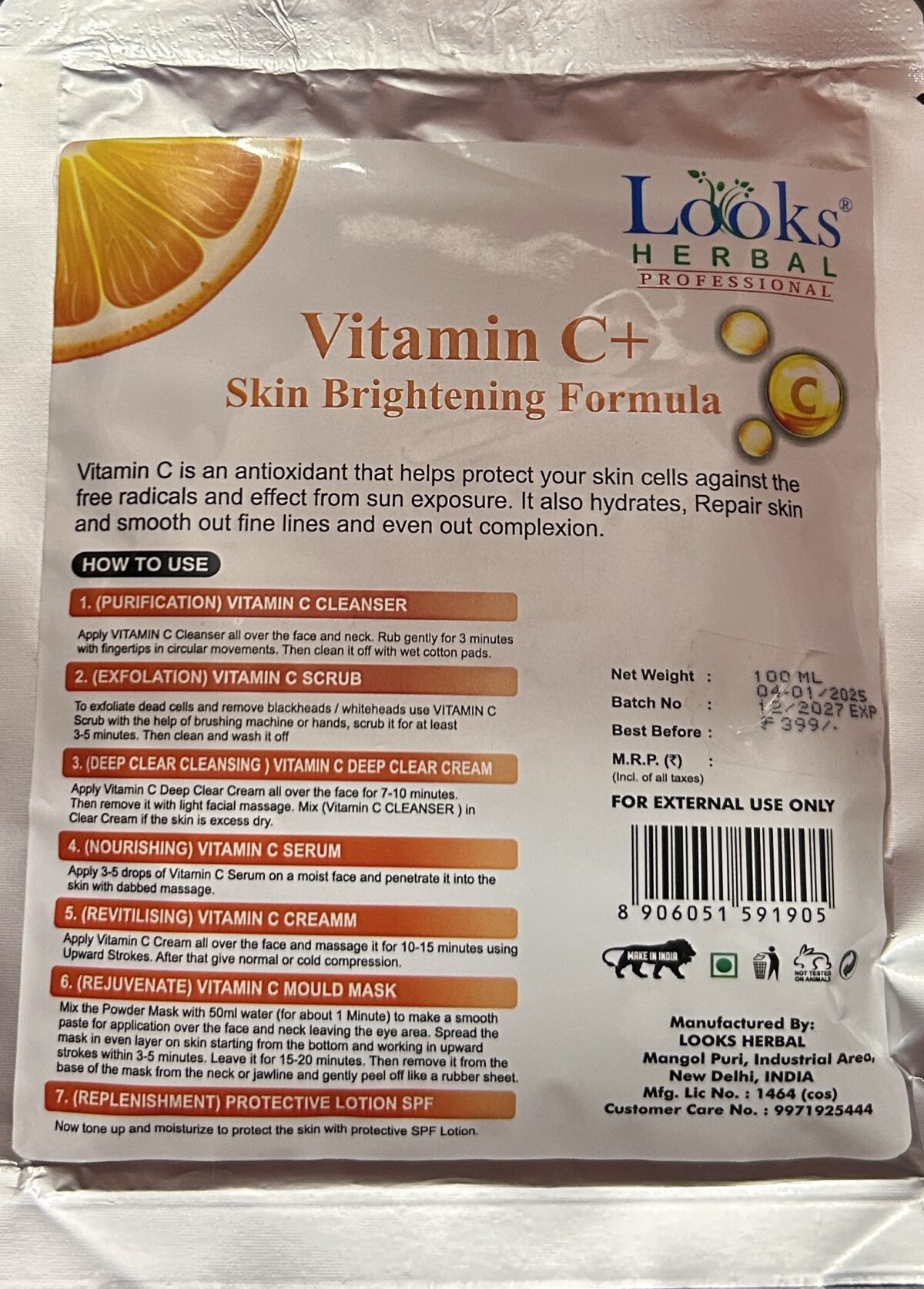 Looks Herbal Professional Vitamin C+ Skin Brightening Formula – 7 Step Facial Kit (100ml) - Image 2