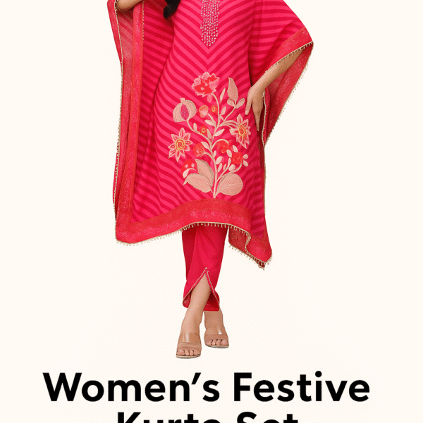 Women's Festive Wear Red Floral Printed Kaftan Style Kurta Set with Pants – Premium Chinon Fabric