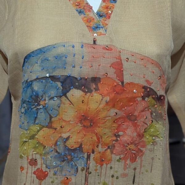 Women's Beige Cotton Kurta with Multicolor Umbrella Floral Print & Sequin Embellishments | Long Sleeve Ethnic Wear
