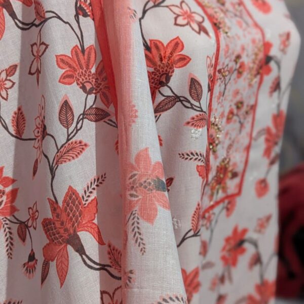 Women's Cotton Floral Embroidered Kurta Set with Dupatta – Elegant Peach & Red Printed Design