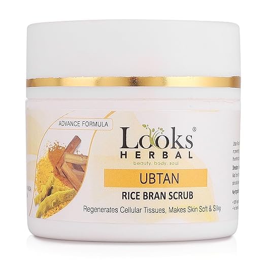 Looks Herbal Ubtan Rice Bran Scrub | 50g | For Instant Glow, Soft & Silky Skin | With Turmeric & Sandalwood Oil